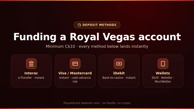 Royal Vegas cashier screen showing Interac, card and e-wallet deposit options with a C$10 minimum
