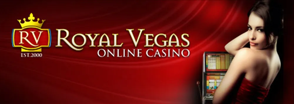 Royal Vegas Online Casino logo on a red velvet banner next to a slot machine
